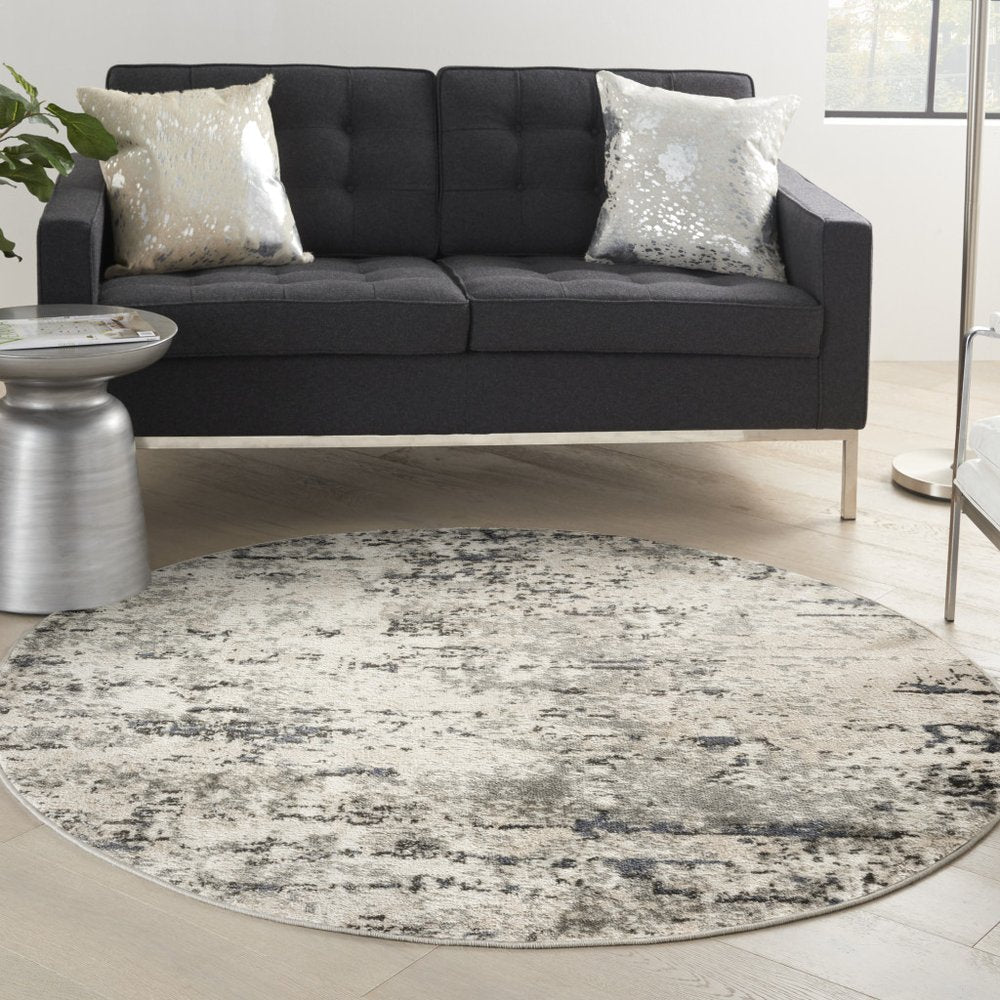 8' Gray Floral Power Loom Round Rug