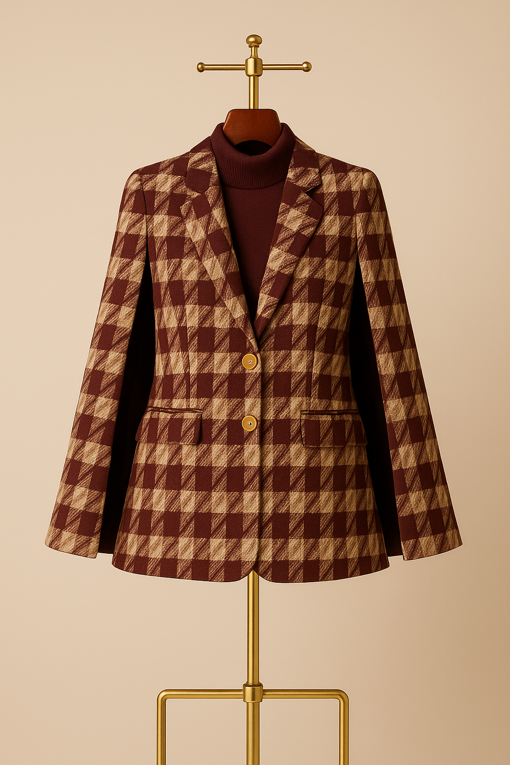 Houndstooth Woolen Cape Coat & Shorts ¨C Elegant & Fashionable Set