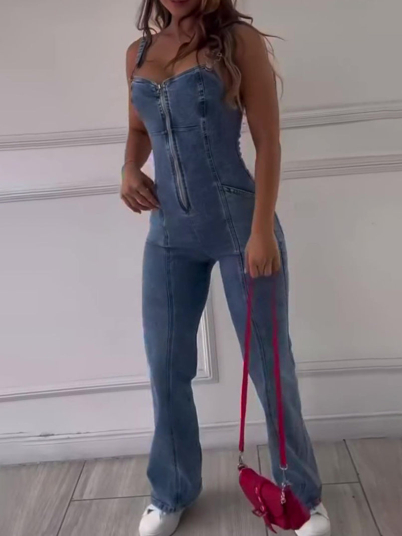 DenimDare? Sleeveless Paneled Denim Jumpsuit ¨C Edgy, Feminine,